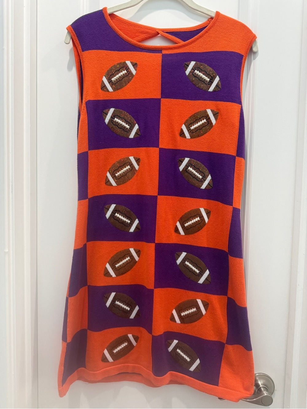 QUEEN OF SPARKLES Orange and Purple Checkerboard Football Print Dress